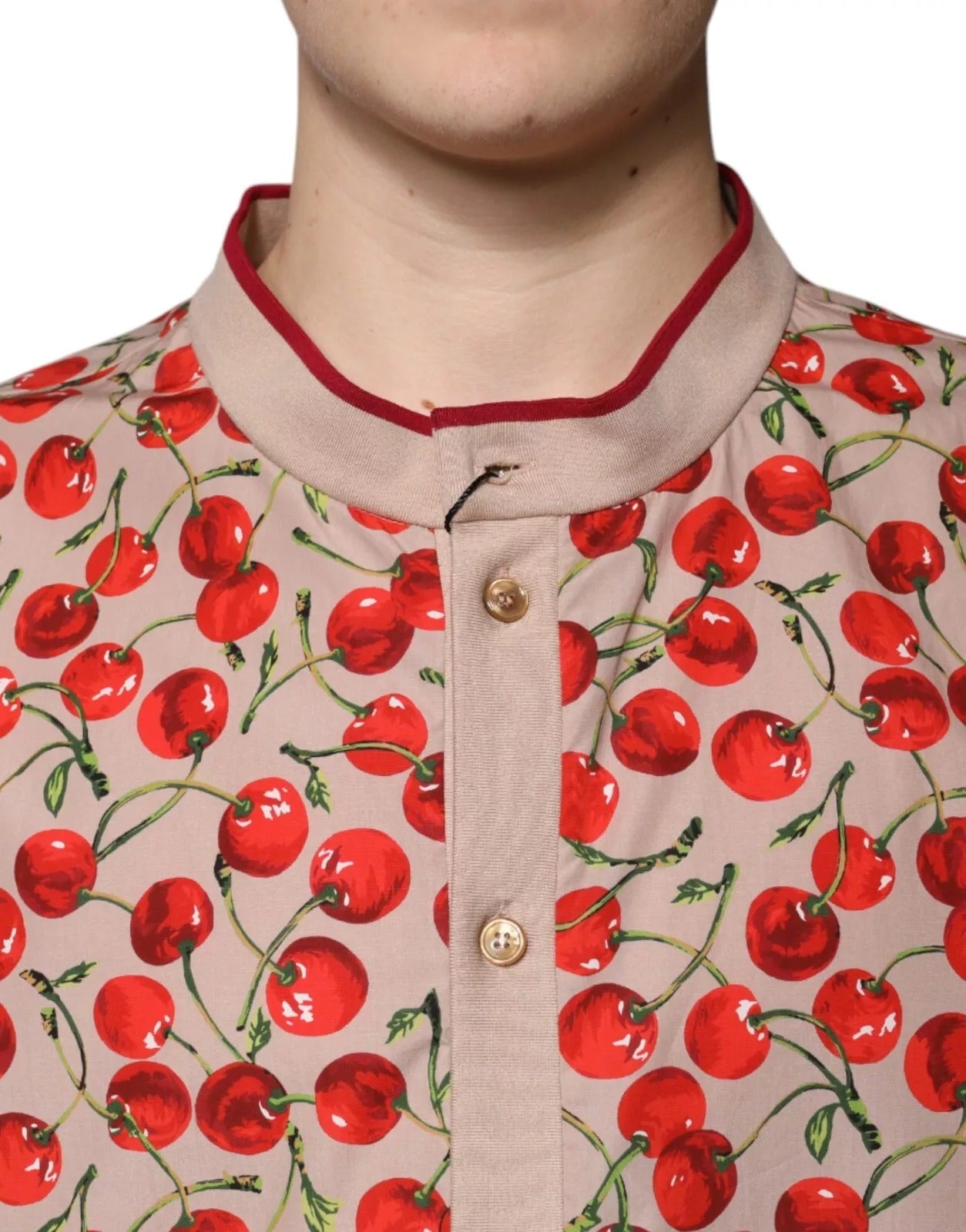 Dolce & Gabbana Beige Cherry Nylon Button-Down Casual Shirt